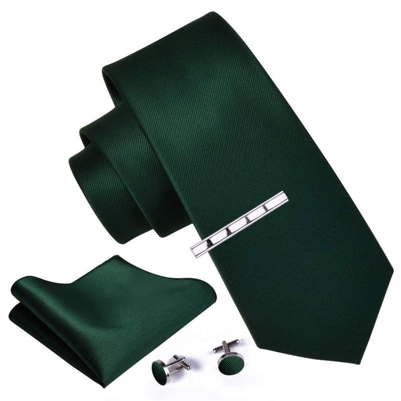 GUSLESON Solid Dark Green Ties For Men Wedding Tie Clip Neckties and Pocket Square Cufflinks Sets (6101-02) - Image 1